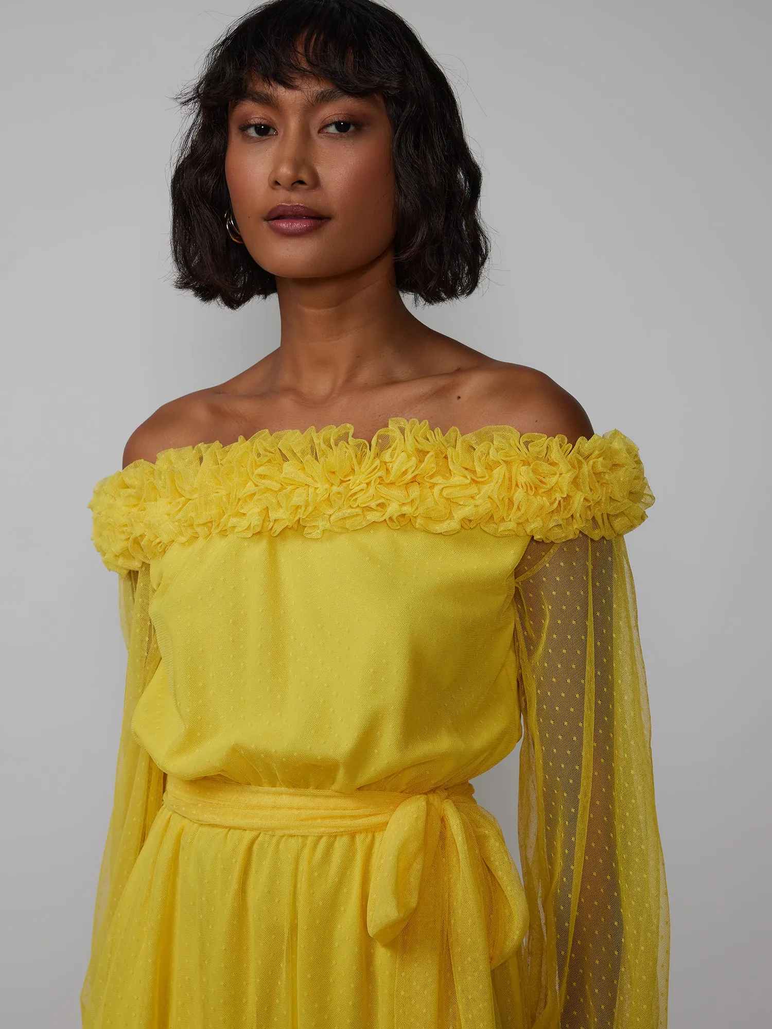 Off Shoulder Mesh Rosette Maxi Dress